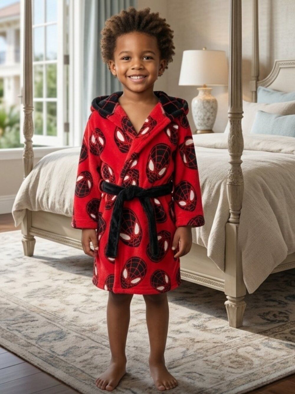 Marvel Spiderman Boys Red & Black Hooded Bathrobe Size 4-5